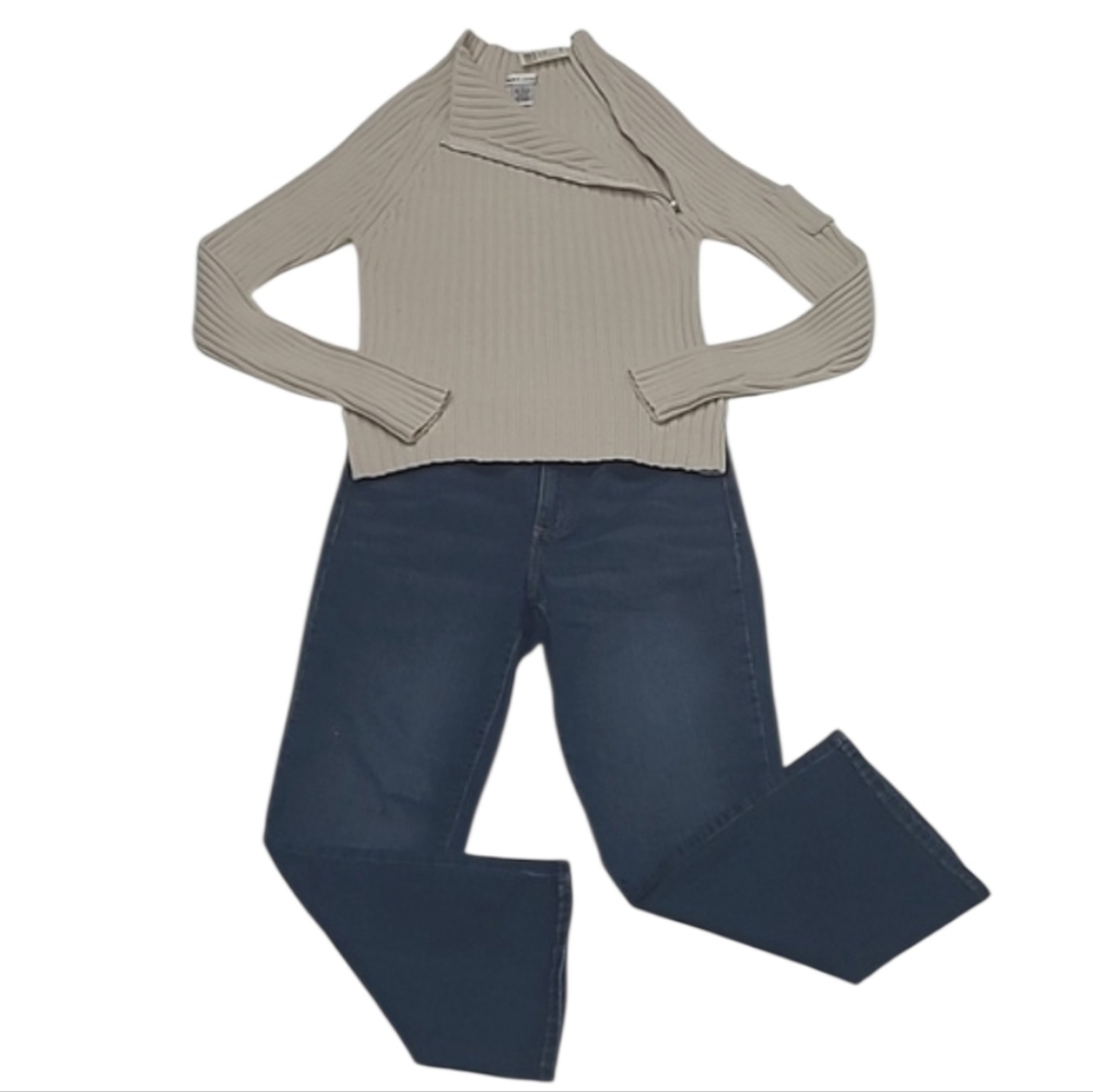 Wet Seal Asymmetrical Zip Up Mock Collar Sweater Ribbed Cable Knit Stretchy